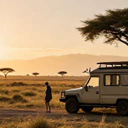 Caribbean Holidays, Quiet Safari Holidays, Quiet safari lodge overlooking a peaceful African savannah at sunrise, with a few animals in the distance