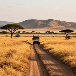 Caribbean Holidays, Quiet Safari Holidays, Small safari vehicle travelling along a quiet track through golden grassland, with distant hills and scattered acacia trees