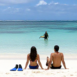 Caribbean Holidays, Quiet Scuba Diving, A couple relaxing on a peaceful Caribbean beach after scuba diving, with fins and masks beside them and calm sea beyond