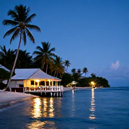 Caribbean Holidays, Quiet Scuba Diving, A quiet Caribbean village beside a palm-fringed beach, with a small waterfront restaurant and peaceful evening light