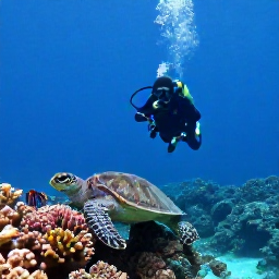 Caribbean Holidays, Quiet Scuba Diving, A scuba diver exploring a quiet Caribbean coral reef with sea turtles, angelfish and colourful healthy coral