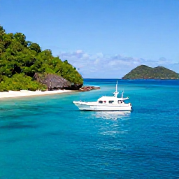 Caribbean Holidays, Quiet Scuba Diving, A small dive boat leaving a tranquil tropical harbour with lush green islands and clear blue sea