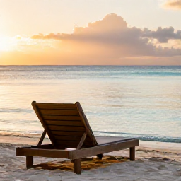 Caribbean Holidays, Quiet Solo Holidays, A peaceful Caribbean beach at sunrise with one comfortable sun lounger, calm turquoise water and soft golden light