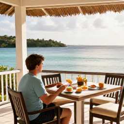 Caribbean Holidays, Quiet Solo Holidays, A solo traveller enjoying breakfast on a shaded terrace overlooking a calm Caribbean bay