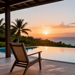 Caribbean Holidays, Quiet Solo Holidays, A tranquil Caribbean sunset viewed from a private terrace, with a single chair and distant palm trees