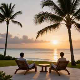 Caribbean Holidays, Quiet Spa Breaks, A couple relaxing on a quiet Caribbean resort terrace at sunset, with soft light, palm trees and ocean views