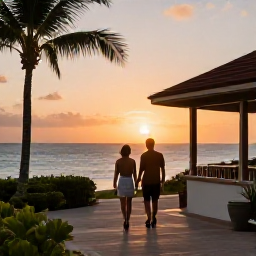 Caribbean Holidays, Quiet Walking Holidays, A comfortable Caribbean hotel terrace at sunset overlooking the sea, with a relaxed couple returning from a walk