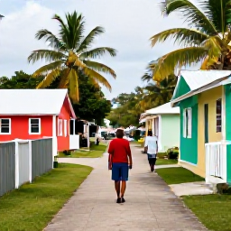 Caribbean Holidays, Quiet Walking Holidays, A gentle walking route through a quiet Caribbean village, with colourful houses, palms and local residents going about their day