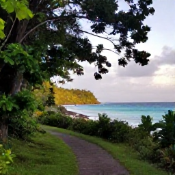 Caribbean Holidays, Quiet Walking Holidays, A quiet coastal walking trail through lush Caribbean vegetation, with calm turquoise sea, soft morning light and no crowds