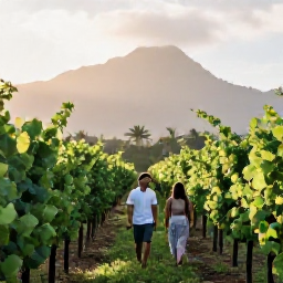 Caribbean Holidays, Quiet Wine Tasting, A couple walking quietly between Caribbean vineyard rows in the early morning, with soft sunlight, tropical greenery and distant mountains