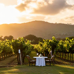 Caribbean Holidays, Quiet Wine Tasting, A quiet vineyard estate in the Caribbean countryside at golden hour, with rows of vines, a small tasting terrace and peaceful hills beyond