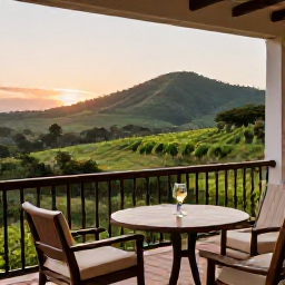 Caribbean Holidays, Quiet Wine Tasting, A tranquil Caribbean guesthouse near vineyards, with a private balcony, comfortable outdoor seating and views towards green hills at sunset