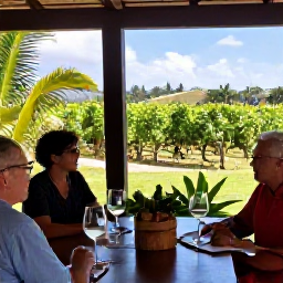 Caribbean Holidays, Quiet Wine Tasting, Visitors enjoying a relaxed wine tasting on a shaded terrace overlooking Caribbean vineyards, with elegant glasses, local produce and tropical plants
