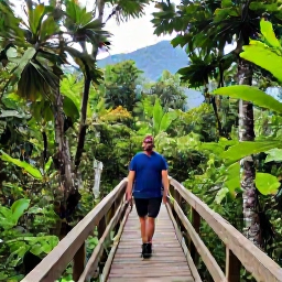 Caribbean Holidays, Rainforest Hikes, A friendly local guide leading visitors through a Caribbean rainforest, with a wooden footbridge, dense vegetation and distant mountain scenery