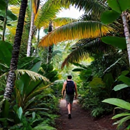 Caribbean Holidays, Rainforest Hikes, A hiker walking along a lush tropical rainforest trail in the Caribbean, with towering palms, vivid green foliage and soft sunlight