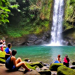 Caribbean Holidays, Rainforest Hikes, A scenic rainforest hiking trail beside a clear Caribbean waterfall, with hikers resting on moss-covered rocks and tropical plants surrounding the pool