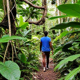Caribbean Holidays, Rainforest Hiking, A friendly local guide leading travellers along a tropical rainforest path beside broad-leaved plants and hanging vines