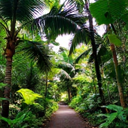 Caribbean Holidays, Rainforest Hiking, A lush Caribbean rainforest trail with tall palms, dense green foliage and soft sunlight filtering through the canopy