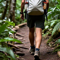 Caribbean Holidays, Rainforest Hiking, A well-prepared hiker wearing sturdy walking shoes and a light rucksack on a humid tropical forest trail