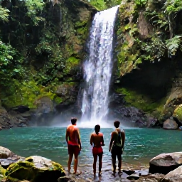 Caribbean Holidays, Rainforest Hiking, Travellers standing beside a clear Caribbean rainforest waterfall and natural pool, with mossy rocks and tropical vegetation