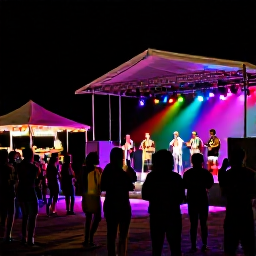 Caribbean Holidays, Reggae Concerts, Caribbean reggae festival with colourful stage lights, local food stalls, dancing visitors and musicians performing outdoors at night