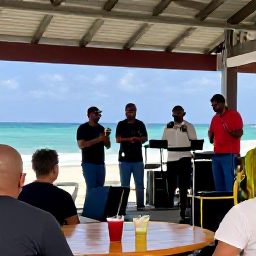 Caribbean Holidays, Reggae Concerts, Friendly Caribbean beach bar hosting a live reggae band, visitors seated with drinks, sea visible beyond the open-air venue