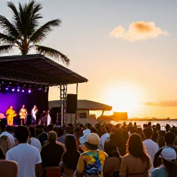 Caribbean Holidays, Reggae Concerts, Outdoor reggae concert on a Caribbean beach at sunset, lively crowd, musicians on stage, palm trees and warm golden light