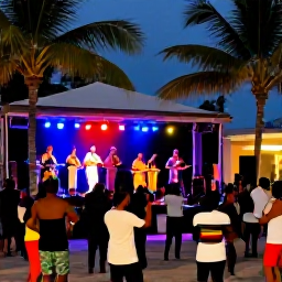 Caribbean Holidays, Reggae Concerts, Visitors dancing at a vibrant Caribbean reggae concert under palm trees, colourful lights, musicians on stage and relaxed island atmosphere