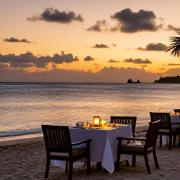 Caribbean Holidays, Relaxing Beach Holidays, Caribbean sunset dinner on a beachfront terrace with lanterns, relaxed tables and calm sea beyond