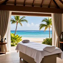 Caribbean Holidays, Relaxing Beach Holidays, Elegant Caribbean resort spa with open-air treatment room, tropical plants and views towards the sea