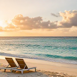 Caribbean Holidays, Relaxing Beach Holidays, Quiet Caribbean beach at sunrise with soft golden light, calm turquoise sea and empty sun loungers