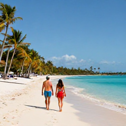 Caribbean Holidays, Relaxing Beach Holidays, Relaxed couple walking barefoot along a palm-fringed Caribbean beach beside clear blue water