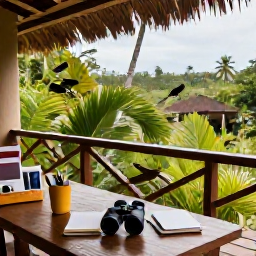 Caribbean Holidays, Relaxing Birdwatching Holidays, Comfortable eco-lodge veranda overlooking tropical gardens, with binoculars, a notebook and birds in the surrounding trees