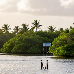 Caribbean Holidays, Relaxing Birdwatching Holidays, Quiet Caribbean wetland at sunrise with lush mangroves, calm water, tropical birds and a small observation hide