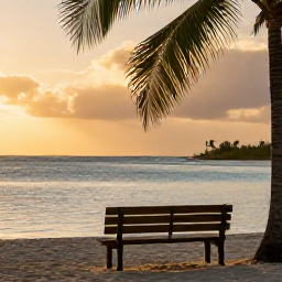 Caribbean Holidays, Relaxing Birdwatching Holidays, Relaxed Caribbean beach at golden hour with a quiet wooden bench, palm trees, calm sea and a distant tropical bird