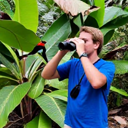 Caribbean Holidays, Relaxing Birdwatching Holidays, Tropical Caribbean forest trail with a friendly local bird guide, binoculars and colourful birds perched among broad green leaves