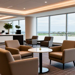 Caribbean Holidays, Relaxing Business Class, A bright modern airport lounge with comfortable armchairs, refreshments, large windows and a peaceful atmosphere before a Caribbean flight