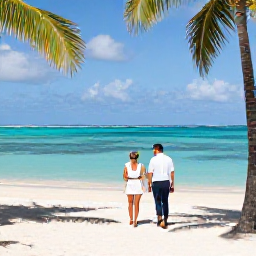 Caribbean Holidays, Relaxing Business Class, A couple arriving at a palm-fringed Caribbean resort, greeted warmly beside turquoise water and a bright sandy beach