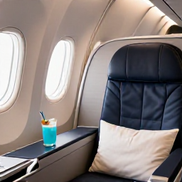 Caribbean Holidays, Relaxing Business Class, A relaxed business class traveller settling into a spacious aircraft seat with a Caribbean-inspired drink, soft lighting and a calm premium cabin