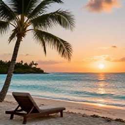 Caribbean Holidays, Relaxing Business Class, A tranquil Caribbean beach at sunset with calm turquoise water, palm trees, a comfortable sun lounger and warm golden light