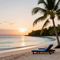 Caribbean Holidays, Relaxing Caribbean Escapes, A peaceful Caribbean beach at sunset with calm turquoise water, soft sand, palm trees and a comfortable sun lounger