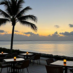 Caribbean Holidays, Relaxing Caribbean Escapes, A peaceful Caribbean sunset viewed from a beachfront restaurant terrace, with candlelit tables, palm silhouettes and calm sea