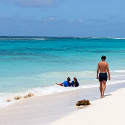 Caribbean Holidays, Relaxing Caribbean Escapes, A quiet Caribbean beach with gentle waves, a snorkeller near colourful coral, and a relaxed couple walking along the shoreline