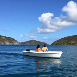 Caribbean Holidays, Relaxing Caribbean Escapes, A small boat cruising between lush Caribbean islands on calm blue water, with distant hills and a relaxed couple enjoying the view