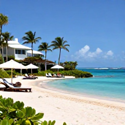 Caribbean Holidays, Relaxing Caribbean Escapes, A stylish Caribbean resort overlooking a quiet sandy beach, with a swimming pool, tropical gardens and guests relaxing under umbrellas