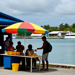 Caribbean Holidays, Relaxing Caribbean Holidays, A backpacker enjoying a colourful Caribbean market beside a waterfront, with local food, music and friendly residents