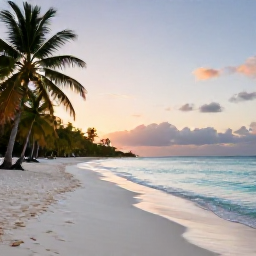Caribbean Holidays, Relaxing Caribbean Holidays, A calm Caribbean beach at sunrise with turquoise water, soft white sand, palm trees and a peaceful empty shoreline