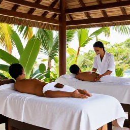 Caribbean Holidays, Relaxing Caribbean Holidays, A couple enjoying a gentle spa treatment in a tranquil Caribbean resort, with natural wood, tropical plants and soft daylight