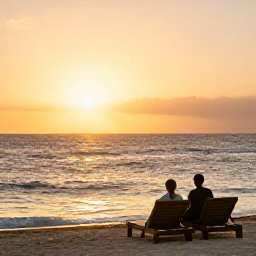 Caribbean Holidays, Relaxing Caribbean Holidays, A couple enjoying a quiet sunset on a Caribbean beach with two loungers, gentle waves and warm golden light
