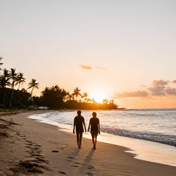 Caribbean Holidays, Relaxing Caribbean Holidays, A couple walking along a secluded Caribbean beach at sunset, with soft golden light, calm waves and palm trees in the distance